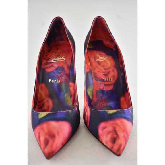 Christian Louboutin Kate 100 Crepe Satin Roses Red Blue Pointed Heel Pump 41 - Picture 9 of 15